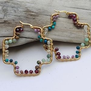 Earth Chakra Multi Semi-Precious Gemstone Gold Cross Hoop Earrings